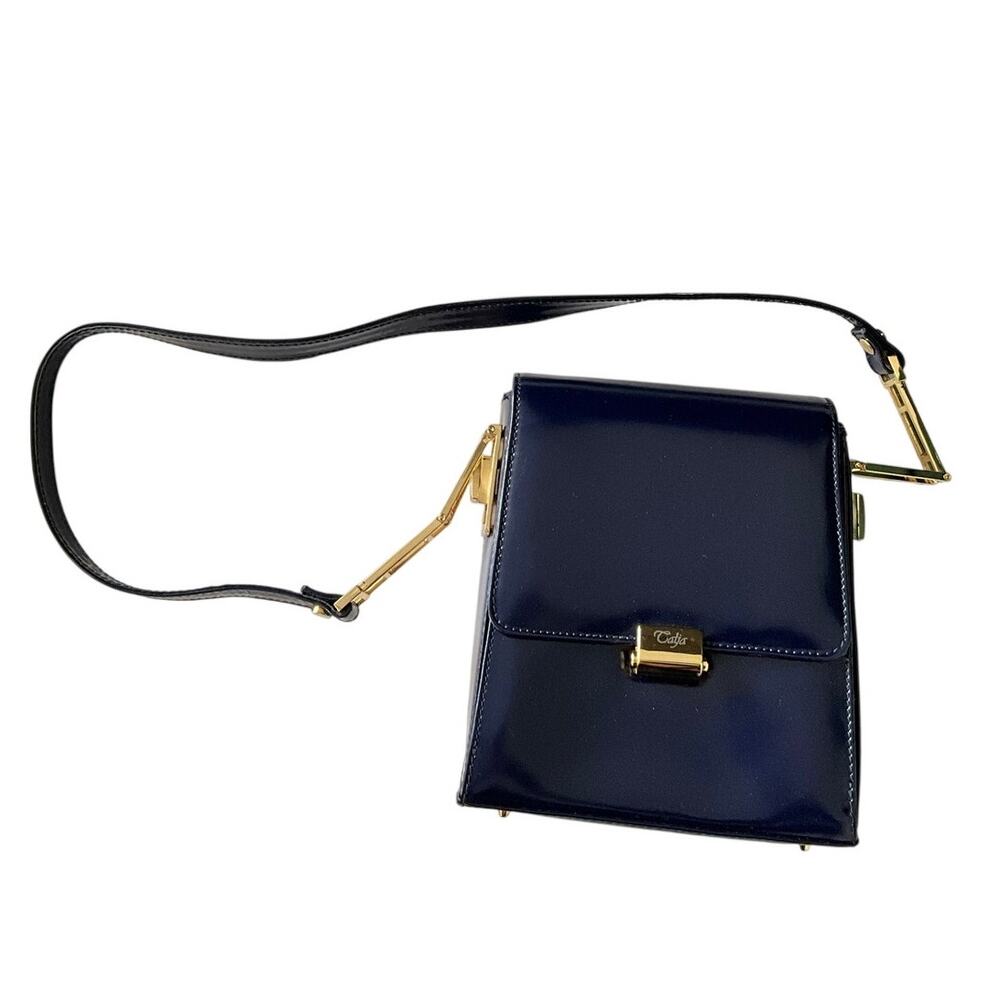 Vintage Calja Italy Navy Patent Leather Structured Shoulder Bag